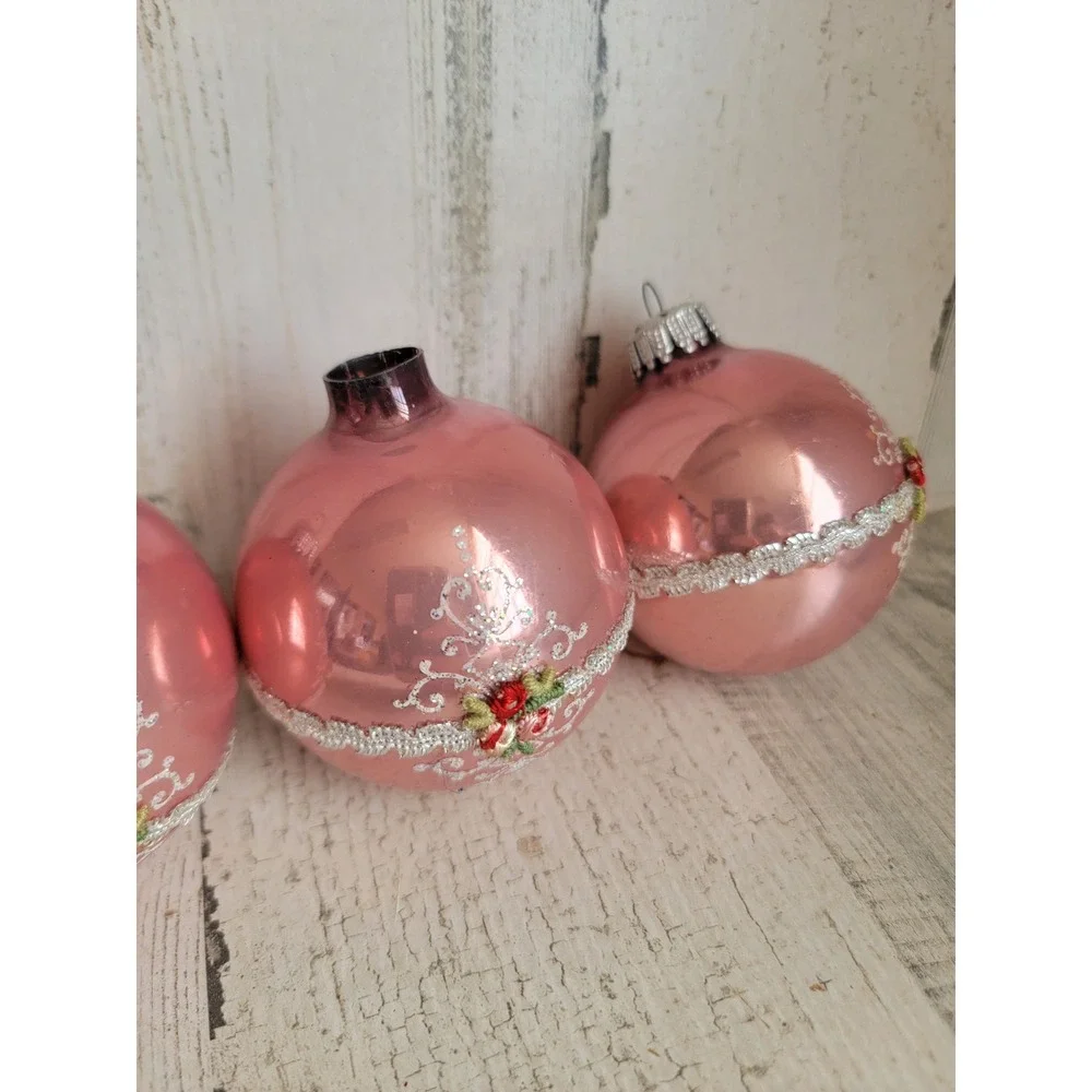 Vintage rose lace pink ball glass ornament Xmas set unique home